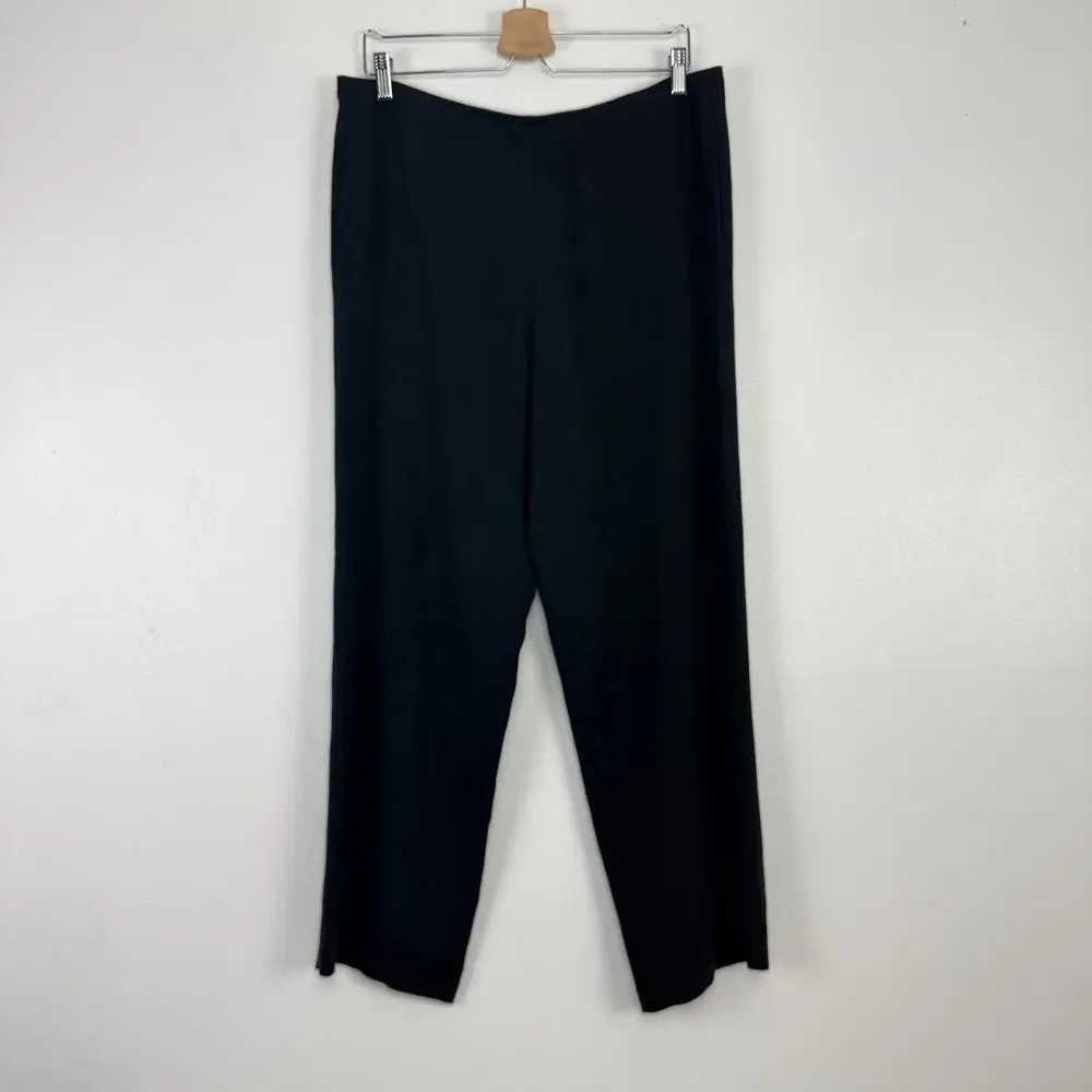 Eileen Fisher 100% Silk‎ Crepe Wide Leg Pants Large Petite Black Pull On Flowy